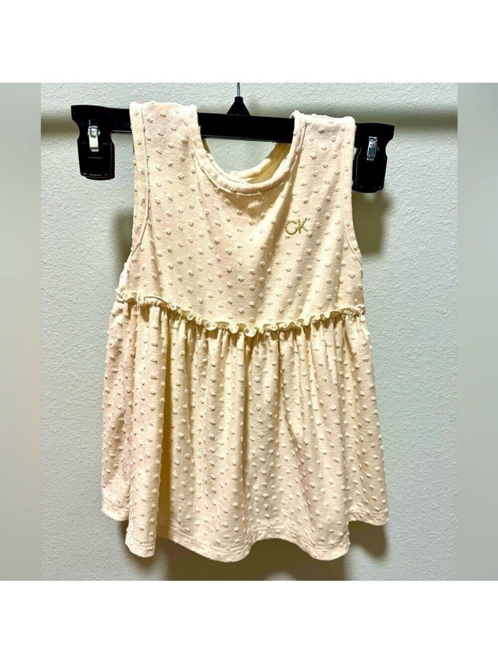 Calvin Klein Jeans Size 5 CK Logo Cream Dress Sleeveless, Flair Fit, Pom Pom dot